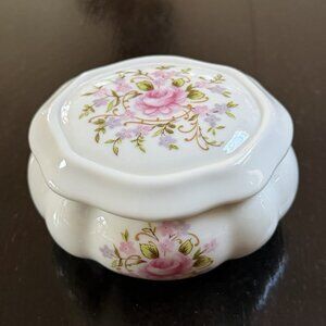 Vintage 80s Oval Porcelain Lidded Trinket Box Pink Rose Vanity Box Flower Japan